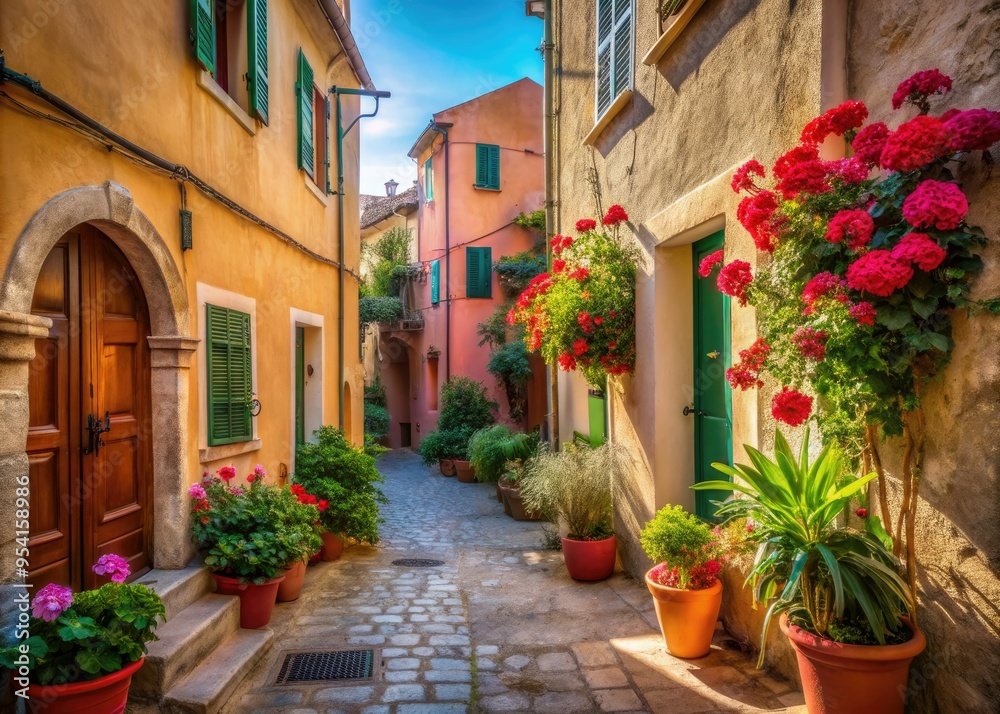 Fototapeta premium sunlit Varigotti village alleys with pastel-hued buildings, rustic doorways, and crimson geraniums, capturing warm Italian morning atmosphere with shallow depth of field