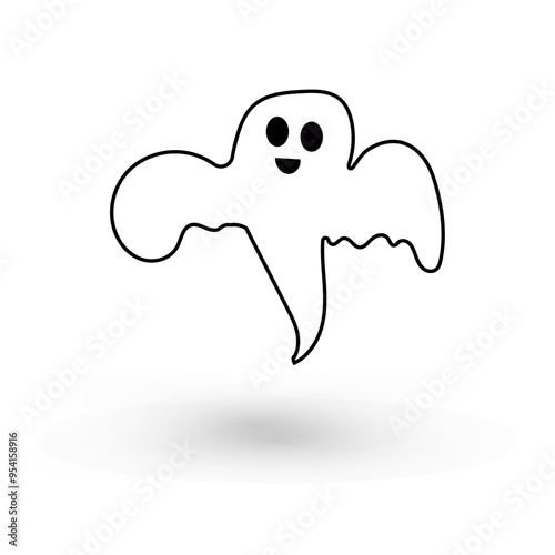 cute monster with emotions autumn holiday halloween spooky spirit flying outline ghost poster or banner vector illustration