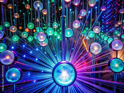 Glowing gauge meter needles dance hypnotically in symphony amidst fiber-optic lattice futuristic installation radiating mesmerizing technological advancements. photo