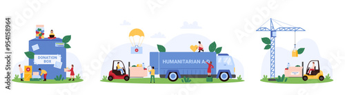 Delivery and logistics of charity non profit organization set. Tiny people donate food and financial help, volunteers load humanitarian aid into truck with forklift cartoon vector illustration