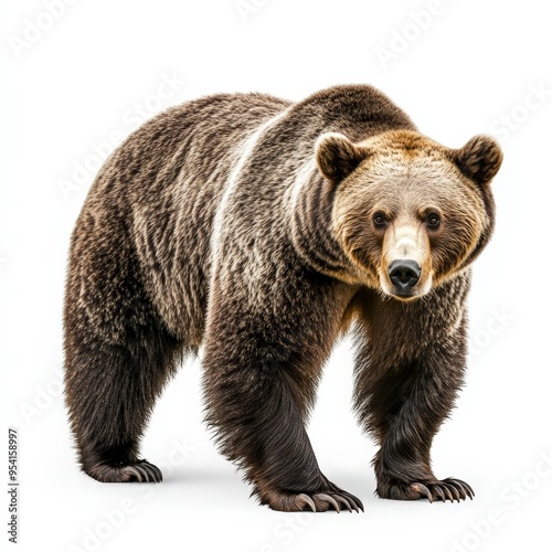 A large brown bear stands on a white background