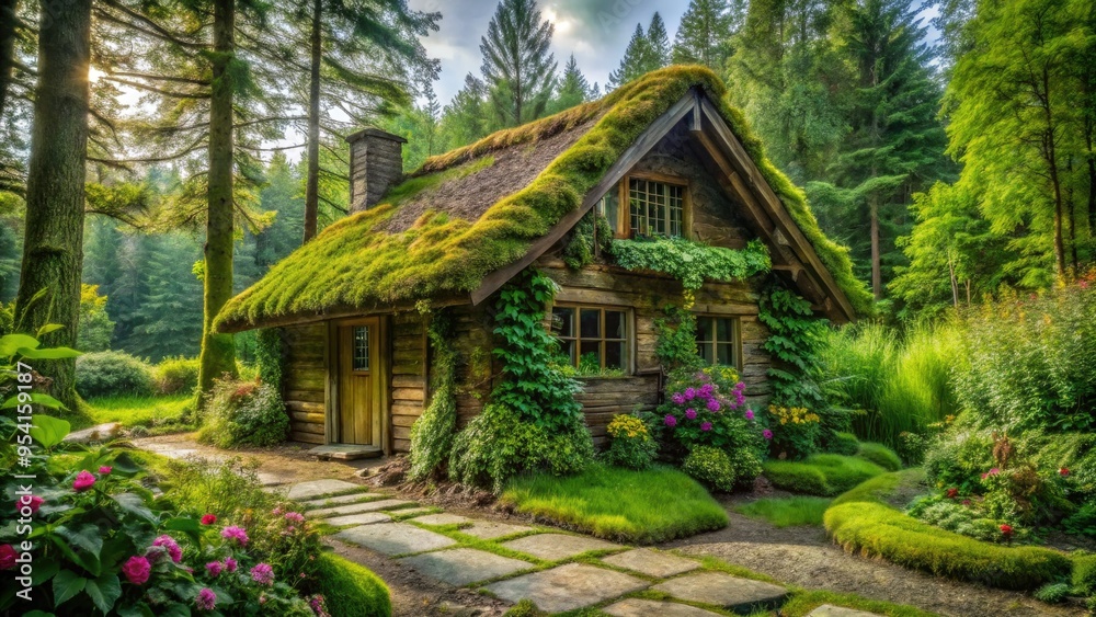 Lush green vines and wildflowers wrap around a charming wooden cottage with a thatched roof and moss-covered stone walls in a mystical forest atmosphere Lush green vines and wildflowers wrap around a charming wooden cottage with a thatched roof and moss-covered stone walls in a mystical forest atmosphere