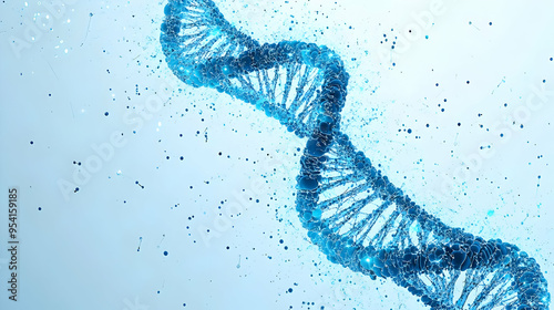 Abstract blue DNA helix with molecule particles on a light blue background. photo