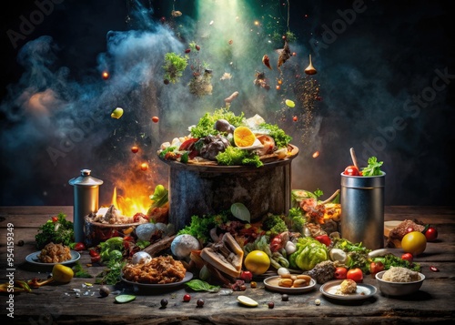 Fototapeta Naklejka Na Ścianę i Meble -  Gloomy grimy gourmet garbage gastronomy glowing garbage