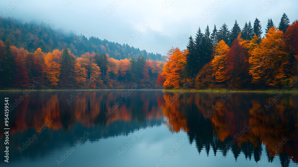 Rays of autumn light dance on still water reflection Rays of autumn light dance on still water reflection
