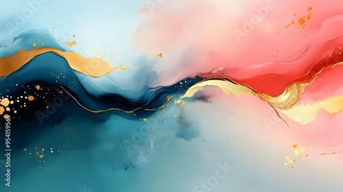 Abstract blue, red, and gol...