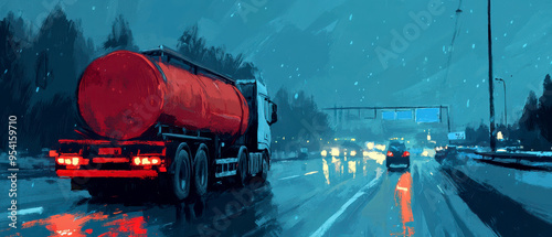 A vibrant, atmospheric scene of a tanker truck driving through a rainy highway, illuminated by streetlights and moody landscapes. photo