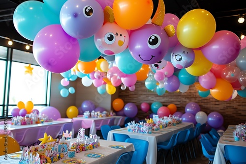 Balloon Animal, Kids' Party, and Decorations visualized in a playful children's party where animal-shaped balloons hang from the ceiling, adding whimsy and fun to the decor photo