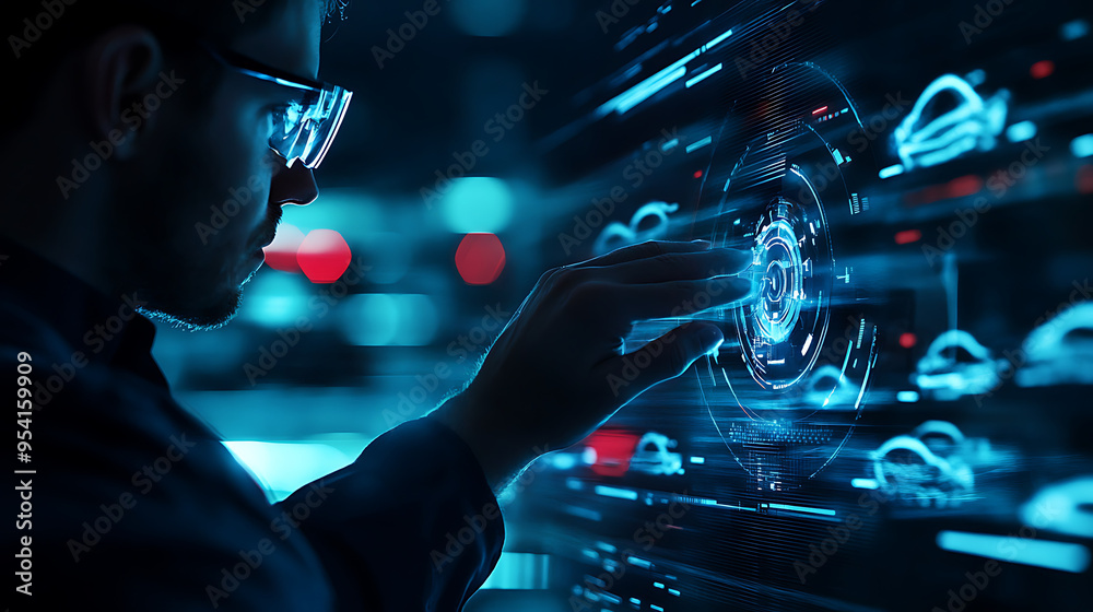 A programmer works on a futuristic digital interface, surrounded by glowing blue lights and abstract data visualizations. A programmer works on a futuristic digital interface, surrounded by glowing blue lights and abstract data visualizations.