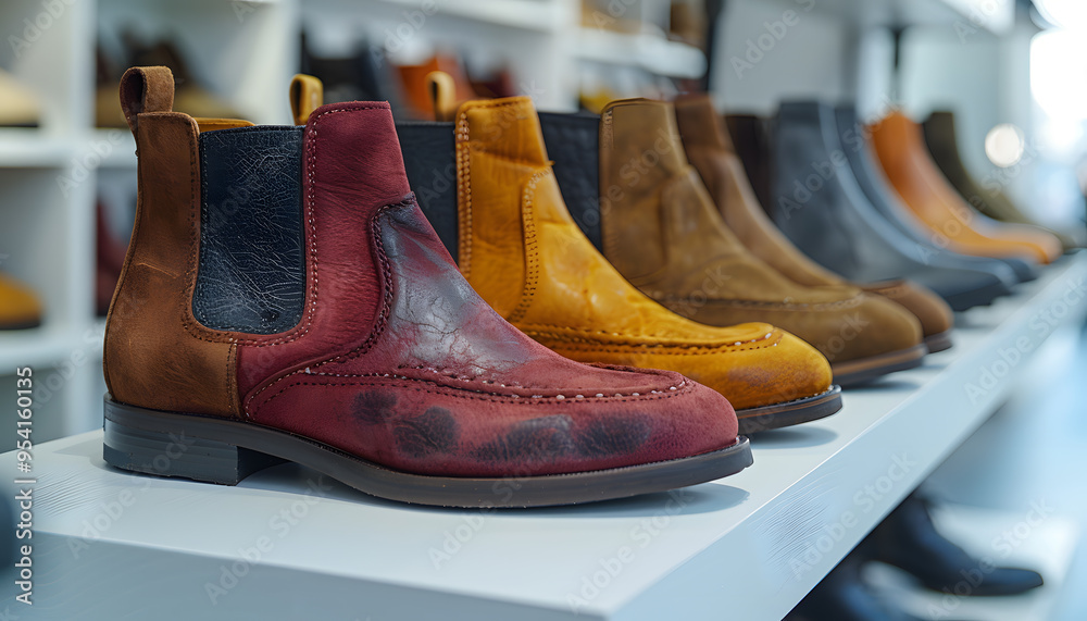 Closeup of stylish demi-season brown suede and leather women's boots on shelves in modern footwear store. Closeup of stylish demi-season brown suede and leather women's boots on shelves in modern footwear store.