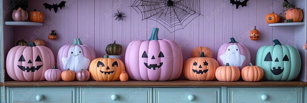 a pink, purple, orange, and white painted pumpkin with a ghost face, hearts, and stars drawn on it in pastel colors. fun Halloween themed party decorations a pink, purple, orange, and white painted pumpkin with a ghost face, hearts, and stars drawn on it in pastel colors. fun Halloween themed party decorations