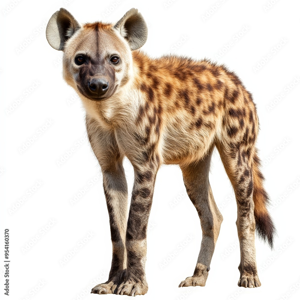 A young hyena stands on a white background A young hyena stands on a white background