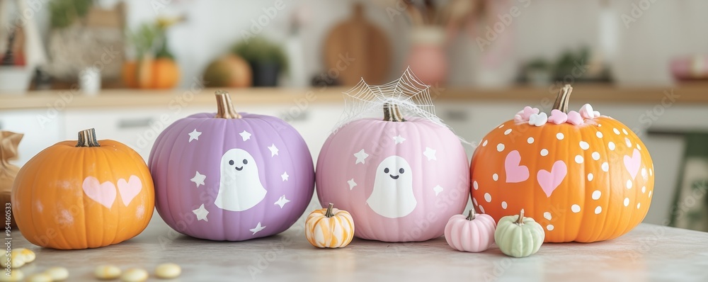 Fototapeta premium a pink, purple, orange, and white painted pumpkin with a ghost face, hearts, and stars drawn on it in pastel colors. fun Halloween themed party decorations