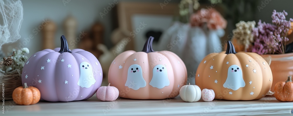 Obraz premium a pink, purple, orange, and white painted pumpkin with a ghost face, hearts, and stars drawn on it in pastel colors. fun Halloween themed party decorations