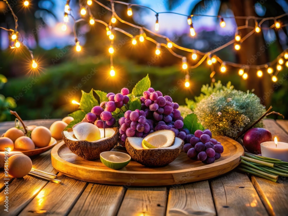 warm and cozy summer evening scene with a fruit platter featuring fresh coconut, grapes, and purple flowers under twinkling string lights