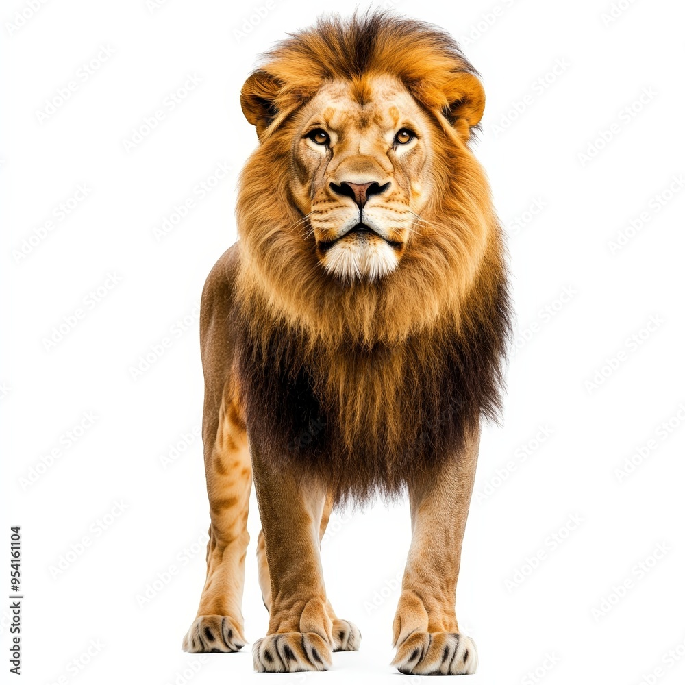 A lion stands in front of a white background A lion stands in front of a white background