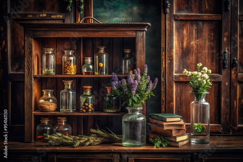 Moody still life capturing rustic charm of aged wooden cabinet displaying Bellerica-filled glass vials alongside vintage botanical prints in dimly lit library. photo