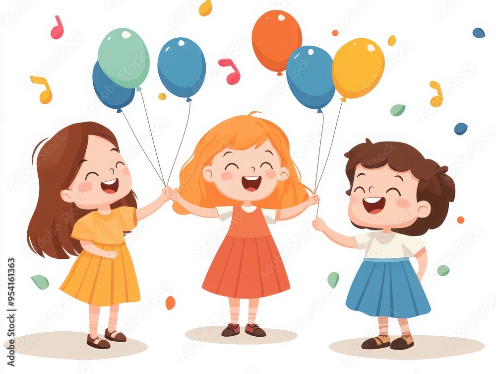 Three joyful children celebrate together, holding colorful balloons, embodying happiness and friendship in a festive atmosphere. Three joyful children celebrate together, holding colorful balloons, embodying happiness and friendship in a festive atmosphere.