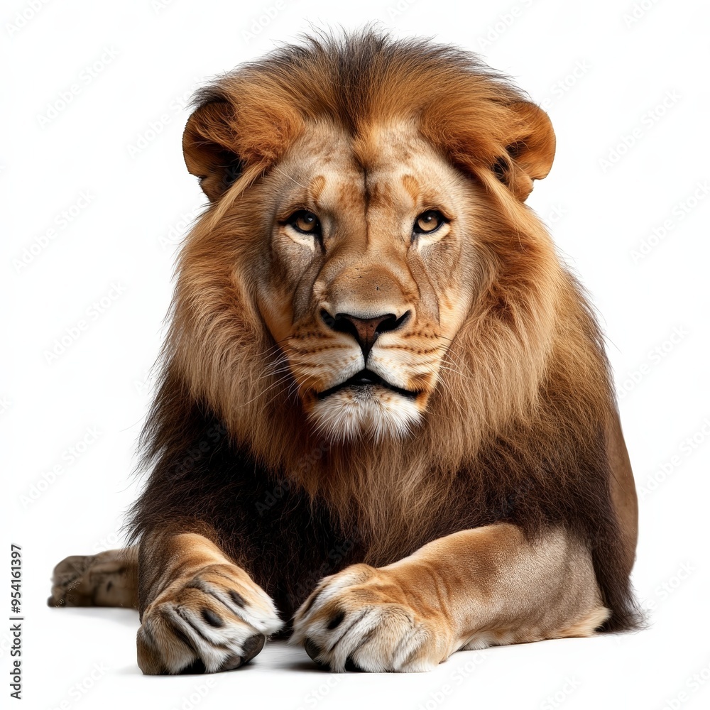 A lion is laying down on a white background A lion is laying down on a white background
