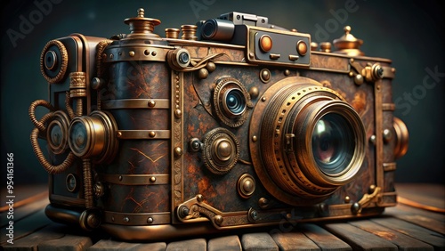 steampunk science fiction cinematic wonder leather-bound antique camera intricate details