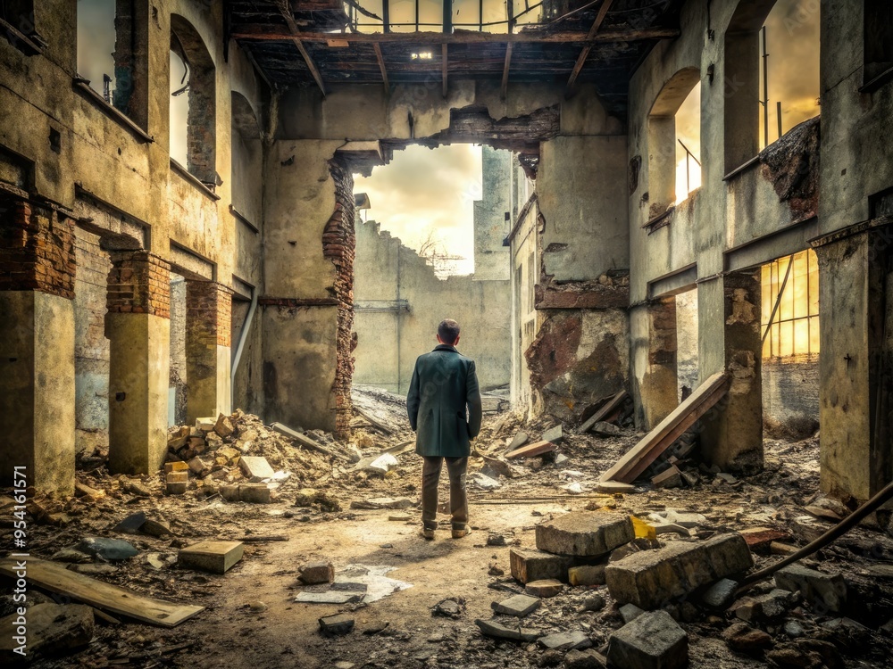 solitary figure surrounded by crumbling walls and debris in a desaturated color palette with strong leading lines solitary figure surrounded by crumbling walls and debris in a desaturated color palette with strong leading lines