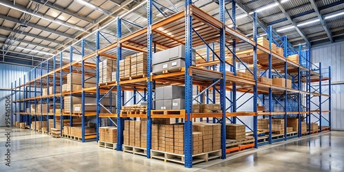 Metal storage rack with multiple tiers and shelves holds various boxes, crates, and containers in a well-organized and photo