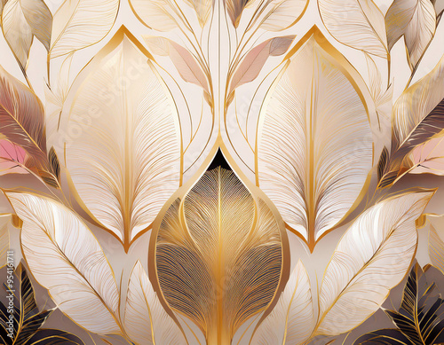 An AI generation of peach foliage with gold highlights with an Art Deco influence.