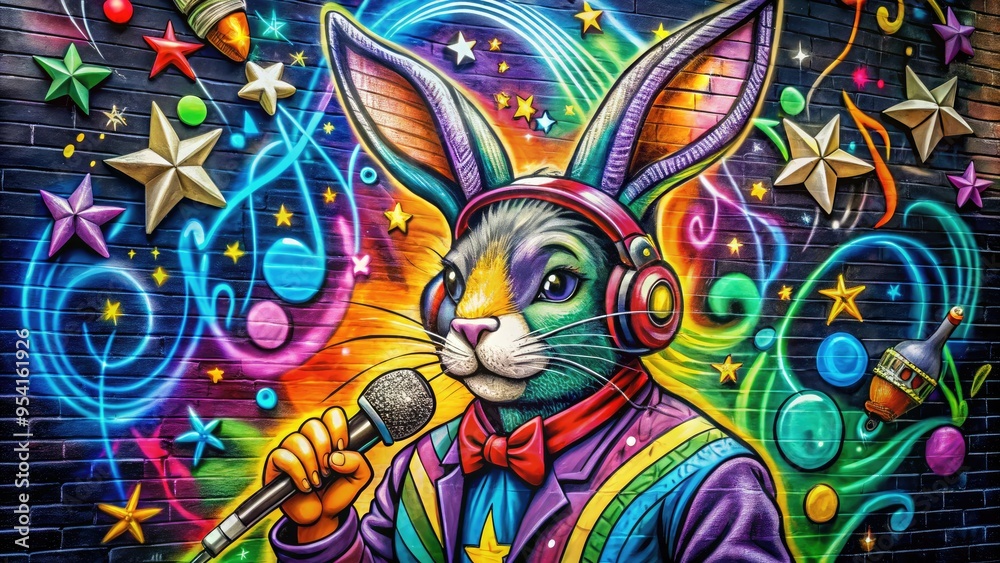 vibrant colorful graffiti street art rabbit wearing headphones holding microphone shaped logo surrounded by musical notes and stars on dark urban wall vibrant colorful graffiti street art rabbit wearing headphones holding microphone shaped logo surrounded by musical notes and stars on dark urban wall