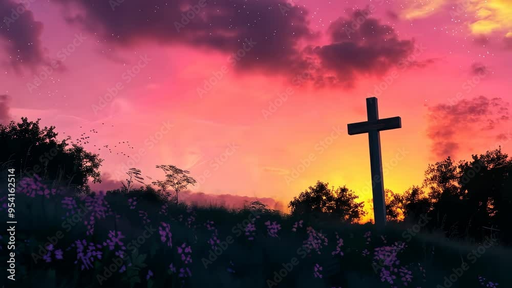 Silhouette of cross at sunset, peaceful landscape. Spiritual reflection and tranquility concept Silhouette of cross at sunset, peaceful landscape. Spiritual reflection and tranquility concept