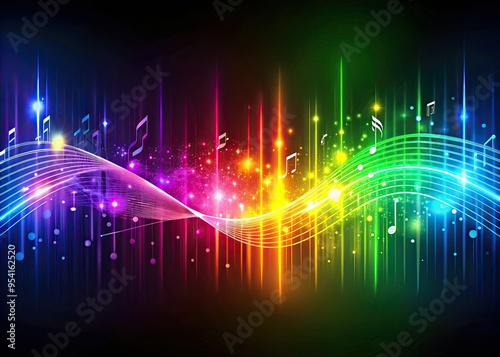 Vibrant futuristic digital art of a music waveform composed of neon pixels and swirling musical notes in a psychedelic rainbow color scheme with a sense of dynamic energy photo