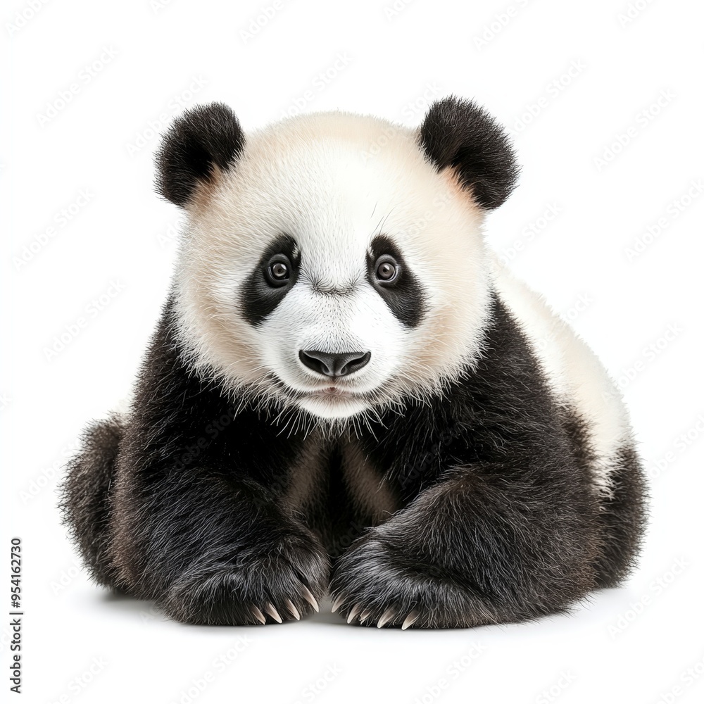 A baby panda bear is sitting on its back legs and looking at the camera A baby panda bear is sitting on its back legs and looking at the camera