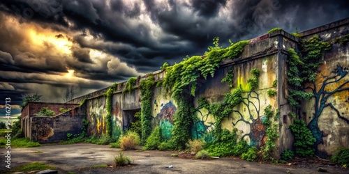 decaying wall with faded graffiti and overgrown foliage set against ominous dark skies with striking contrast in post-apocalyptic landscape