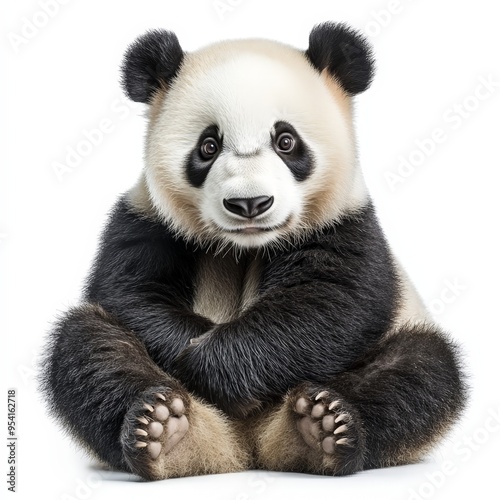 A baby panda bear is sitting on its hind legs and looking at the camera