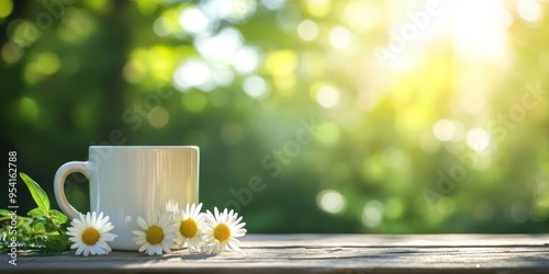 A cup of chamomile tea on a wooden table on a background of greenery, creating an atmosphere of peace