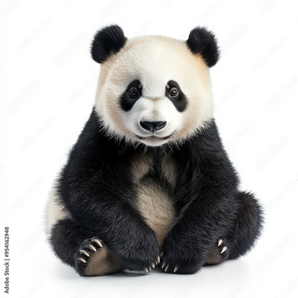 Fototapeta premium A baby panda bear is sitting on its back legs and looking at the camera