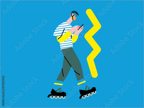 Creative workspace, modern flat vector concept illustration of a man working rollerblading with a phone, Remote work, flexibility, independence, efficiency, mobility, synergy, freedom