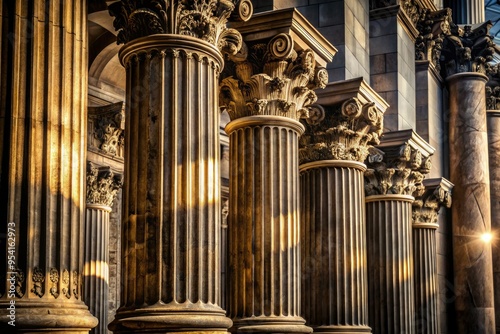 Juristic Pillars imposing stone columns, intricate carvings, and a faintly lit manuscript, dramatic shadows, solemn grays and browns, exuding stability. photo