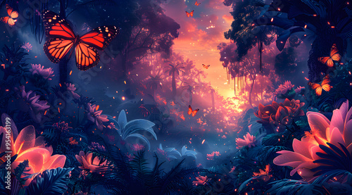 Twilight Tapestry: Bioluminescent Jungles Dance of Light and Life photo