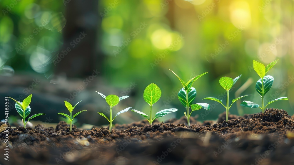 Seven young green plants growing in rich dark soil with a blurred background of green foliage and sunlight. Seven young green plants growing in rich dark soil with a blurred background of green foliage and sunlight.