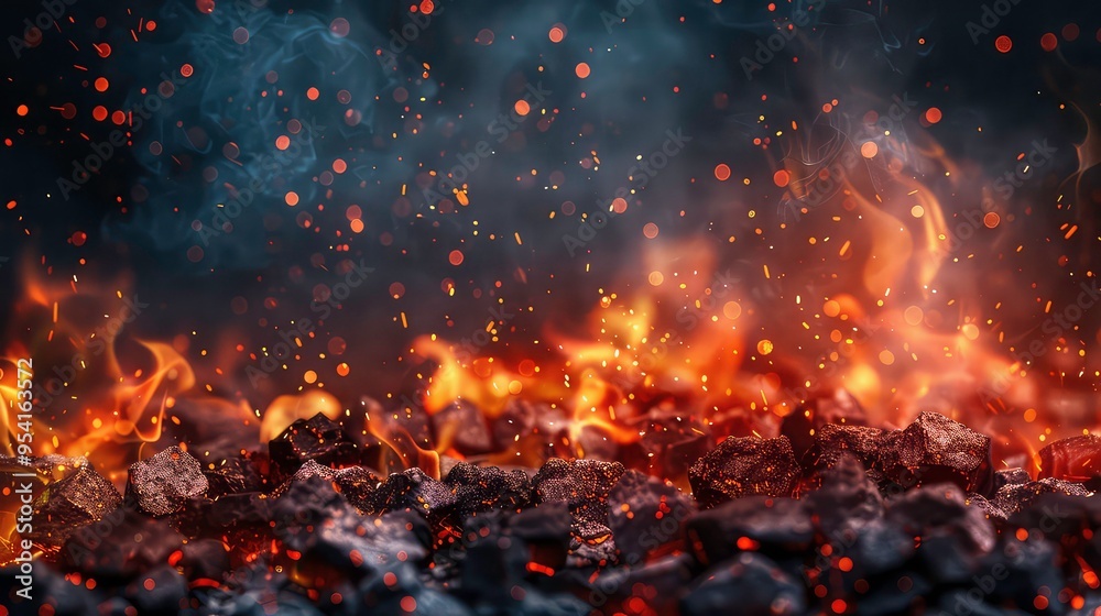 Burning embers with smoke and sparks rising from the surface against a black background. Burning embers with smoke and sparks rising from the surface against a black background.