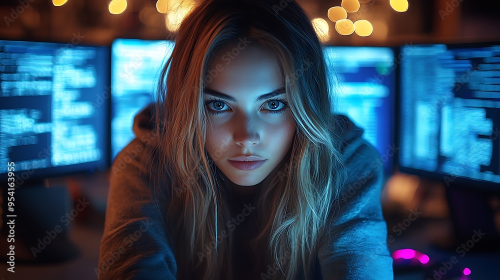 A young woman with long blonde hair looks intently at the camera, her face illuminated by the blue glow of multiple computer monitors showing lines of code. A young woman with long blonde hair looks intently at the camera, her face illuminated by the blue glow of multiple computer monitors showing lines of code.
