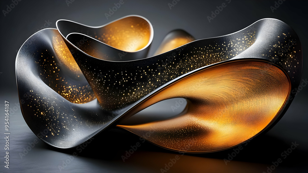 Abstract metallic sculpture with glowing spots.