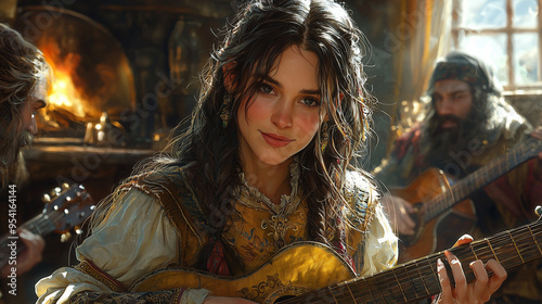graceful human bard performing with a lute in a warm, inviting tavern with a roaring fire in the background