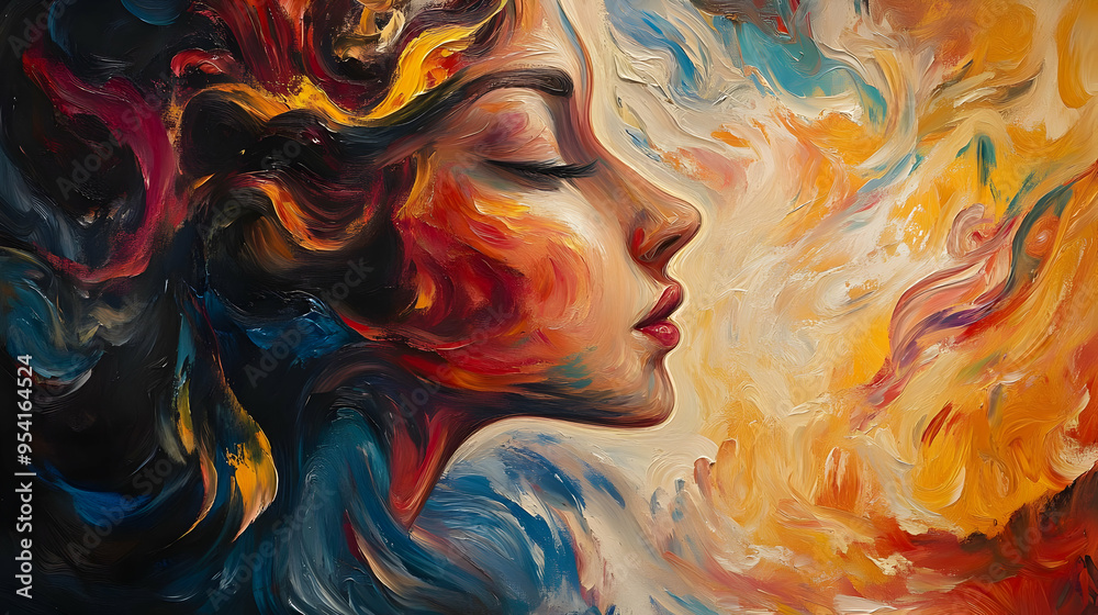 Abstract oil painting of a woman's face with closed eyes and flowing hair. Abstract oil painting of a woman's face with closed eyes and flowing hair.