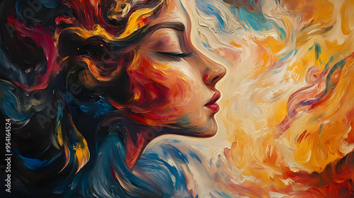 Abstract oil painting of a woman's face with closed eyes and flowing hair.