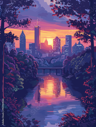 Atlanta (Georgia ) city, USA. Touristic Greeting Card, travel poster from Atlanta. Art Vector Illustration