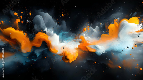 Abstract orange, white, blue and black paint splatter on a dark background. photo