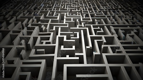 Complex Grayscale Maze background, Intricate Paths and Sharp Edges with Depth in Monochrome