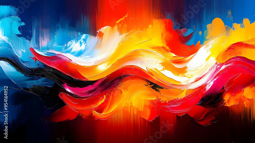 Abstract painting with colorful wavy strokes. photo