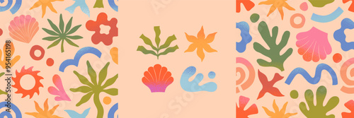 Vector summer cards.Nature elements and artistic seamless patterns.Hand drawn palm,sun,coral,seashell,wave.Trendy designs for banners,smm,branding,packaging, covers,prints.Summer surf club